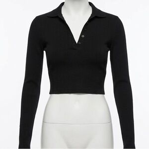 🤩Zara Black Ribbed Knit Long Sleeve Cropped Basic Polo Top Women’s Large